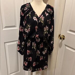 DR2 Black Floral V-Neck Dress with Pink Blooms
